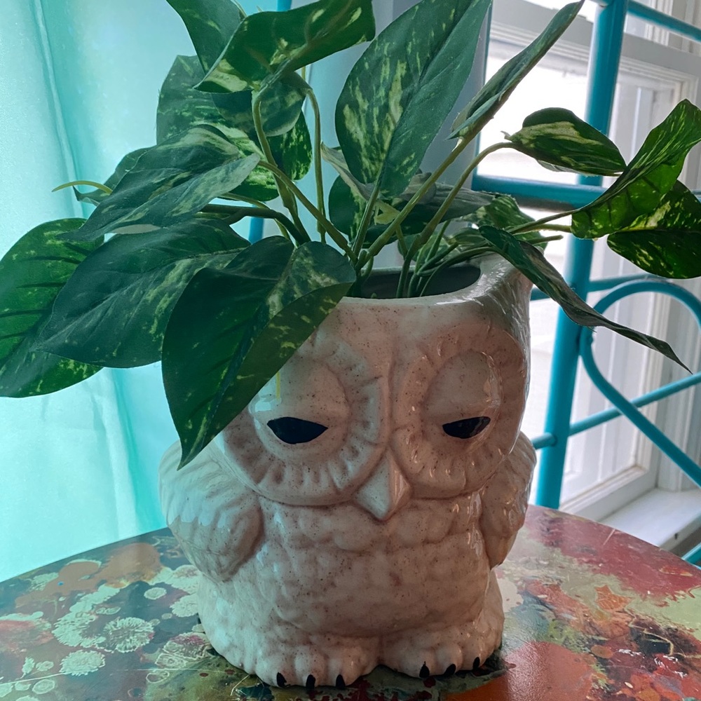 White Owl Planter with Artificial Plant